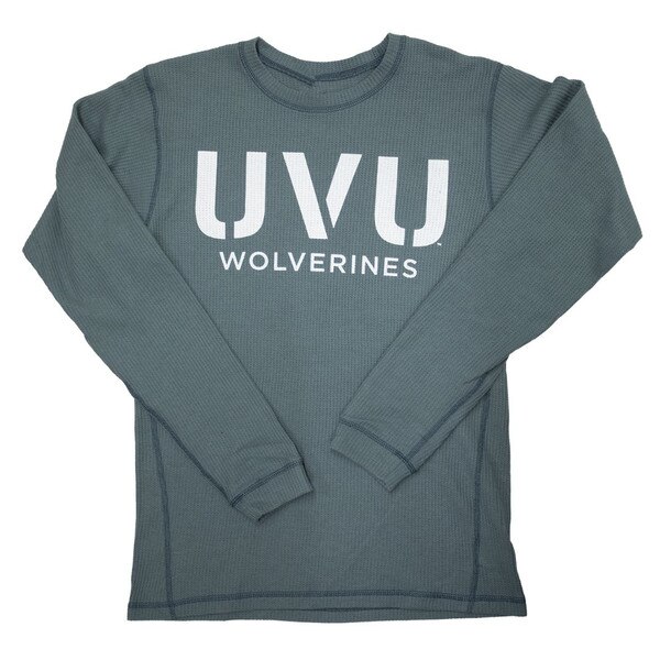 Women's Fit spruce green waffle knit long sleeve shirt with a large white UVU wolverines printed on the front.